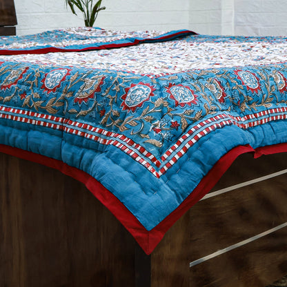 Blue With Red Hand Block Printed Cotton Reversible Quilts-43 - My Store