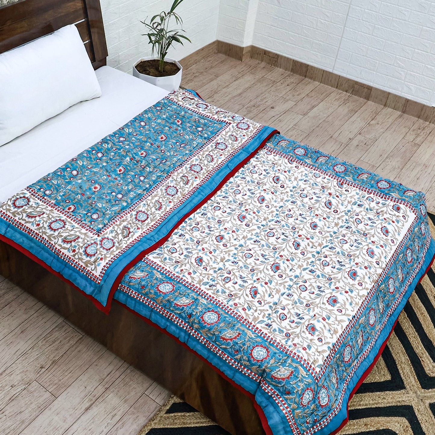 Blue With Red Hand Block Printed Cotton Reversible Quilts-43 - My Store