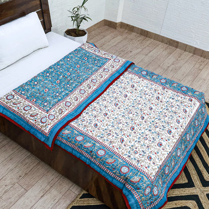 Blue With Red Hand Block Printed Cotton Reversible Quilts-43 - My Store