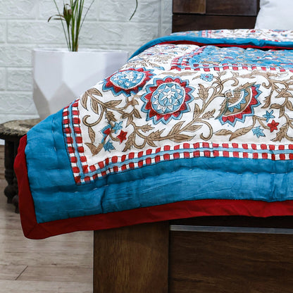 Blue With Red Hand Block Printed Cotton Reversible Quilts-43 - My Store
