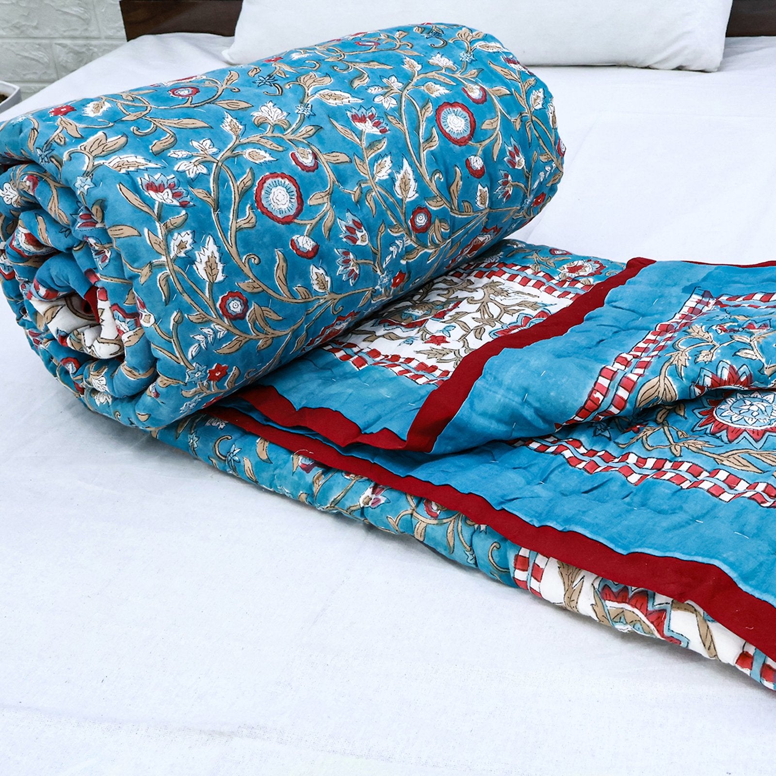 Blue With Red Hand Block Printed Cotton Reversible Quilts-43 - My Store