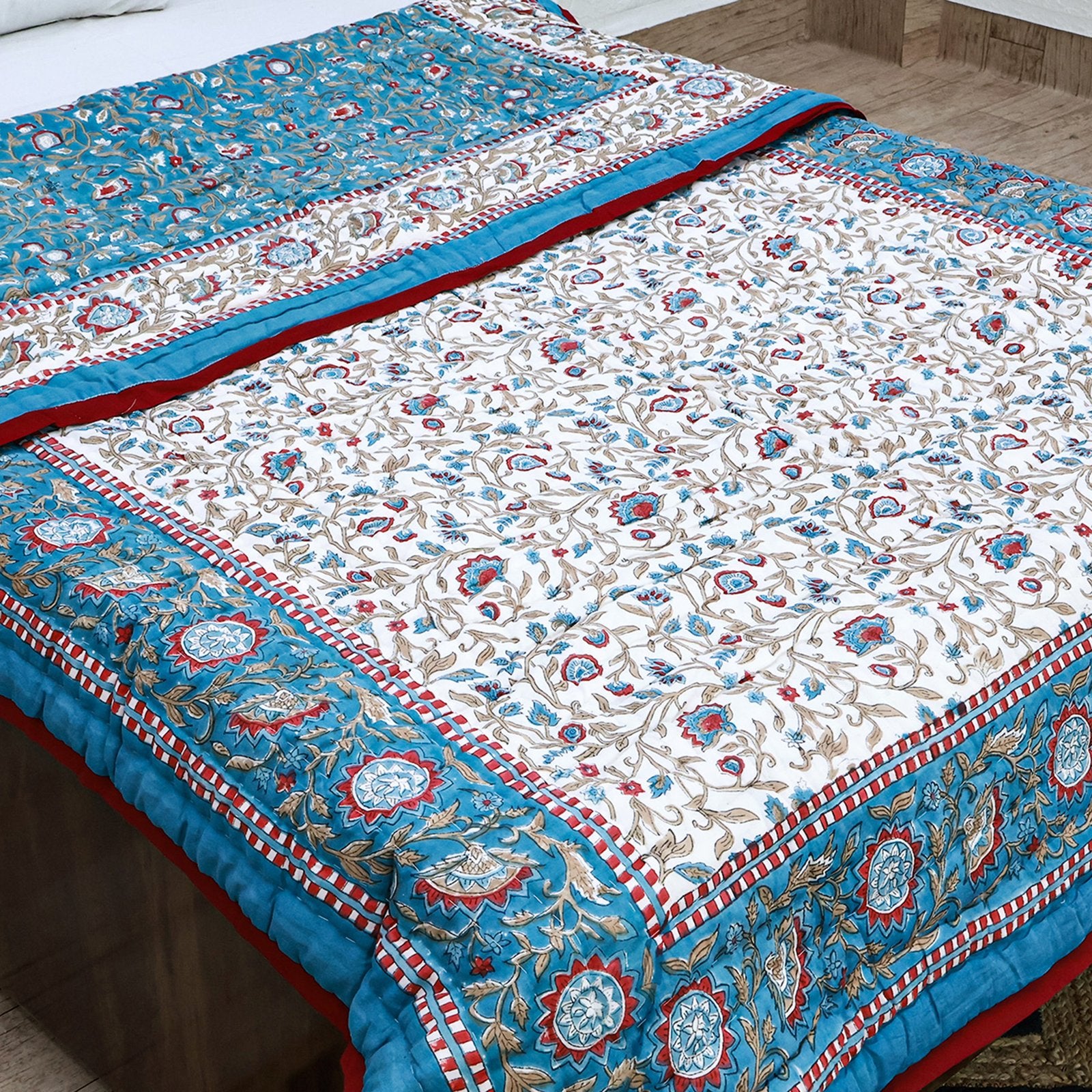 Blue With Red Hand Block Printed Cotton Reversible Quilts-43 - My Store