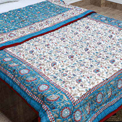 Blue With Red Hand Block Printed Cotton Reversible Quilts-43 - My Store