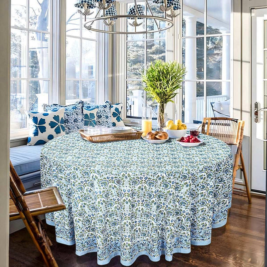 Blue Round Tablecloth, Floral Cotton, India Block Print - My Store