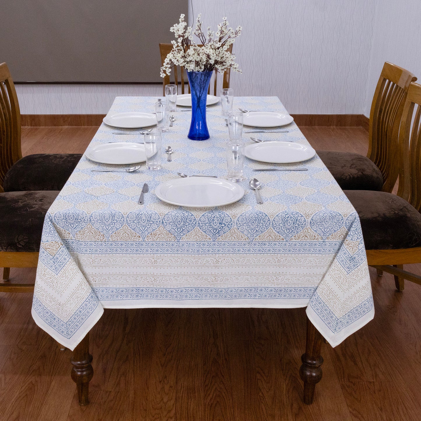 Indian Handmade Block Printed Cotton blue and yellow Rectangle Tablecloth - My Store