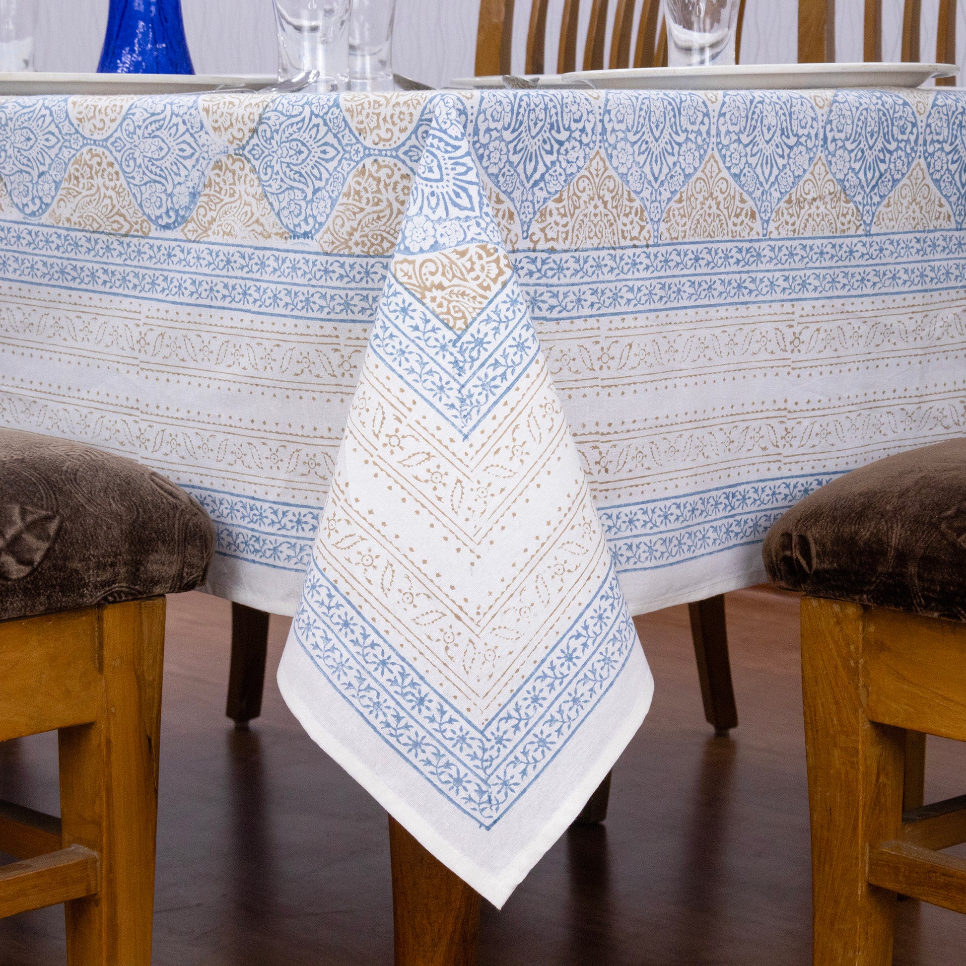 Indian Handmade Block Printed Cotton blue and yellow Rectangle Tablecloth - My Store