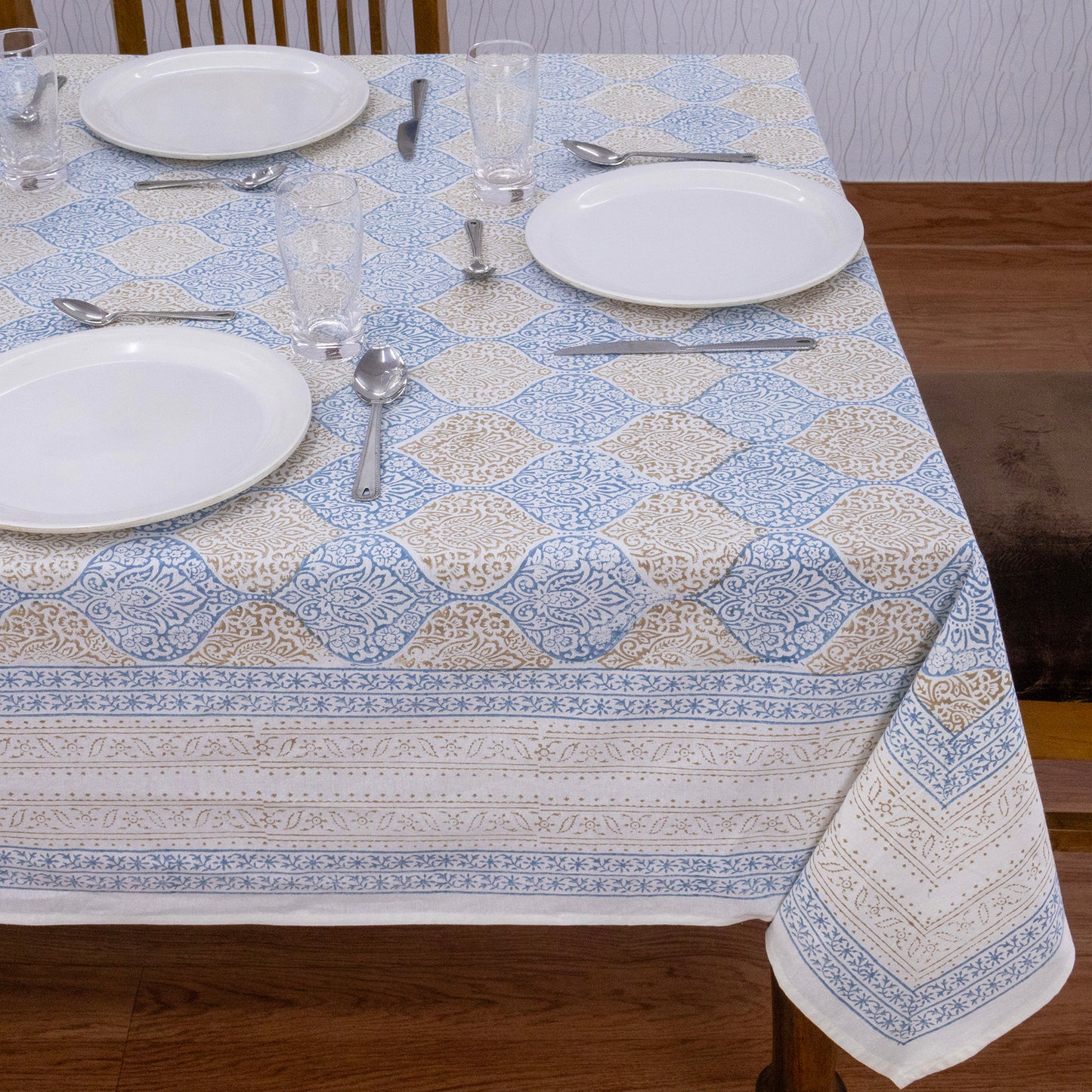 Indian Handmade Block Printed Cotton blue and yellow Rectangle Tablecloth - My Store