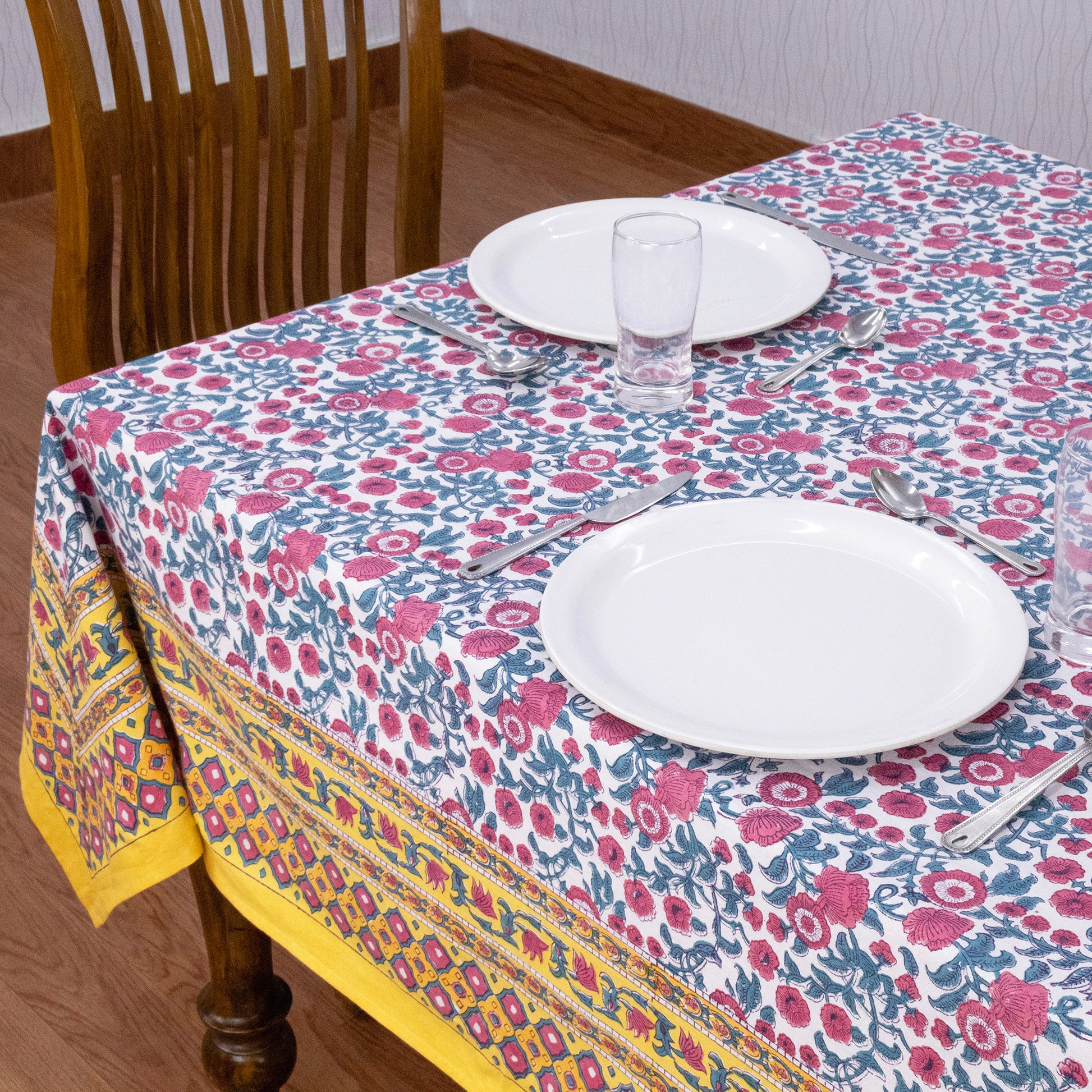 Indian Handmade Block Printed Cotton pink and yellow Rectangle Tablecloth - My Store