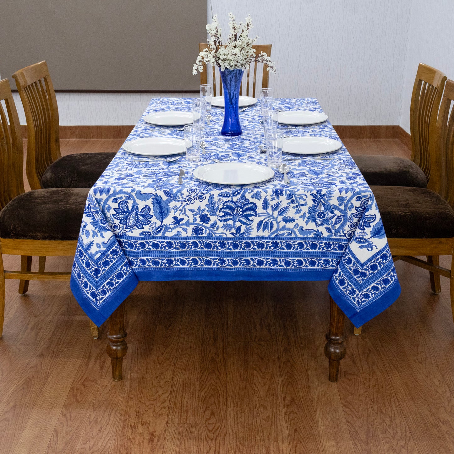 Indian Handmade Block Printed Cotton Blue and White Rectangle Tablecloth - My Store