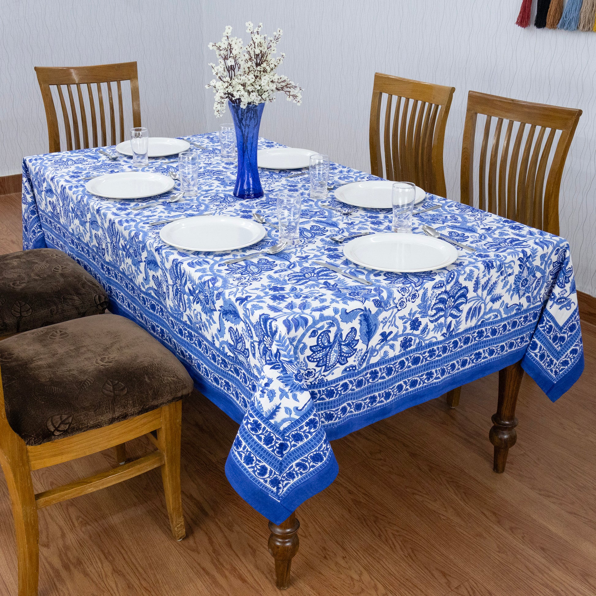 Indian Handmade Block Printed Cotton Blue and White Rectangle Tablecloth - My Store