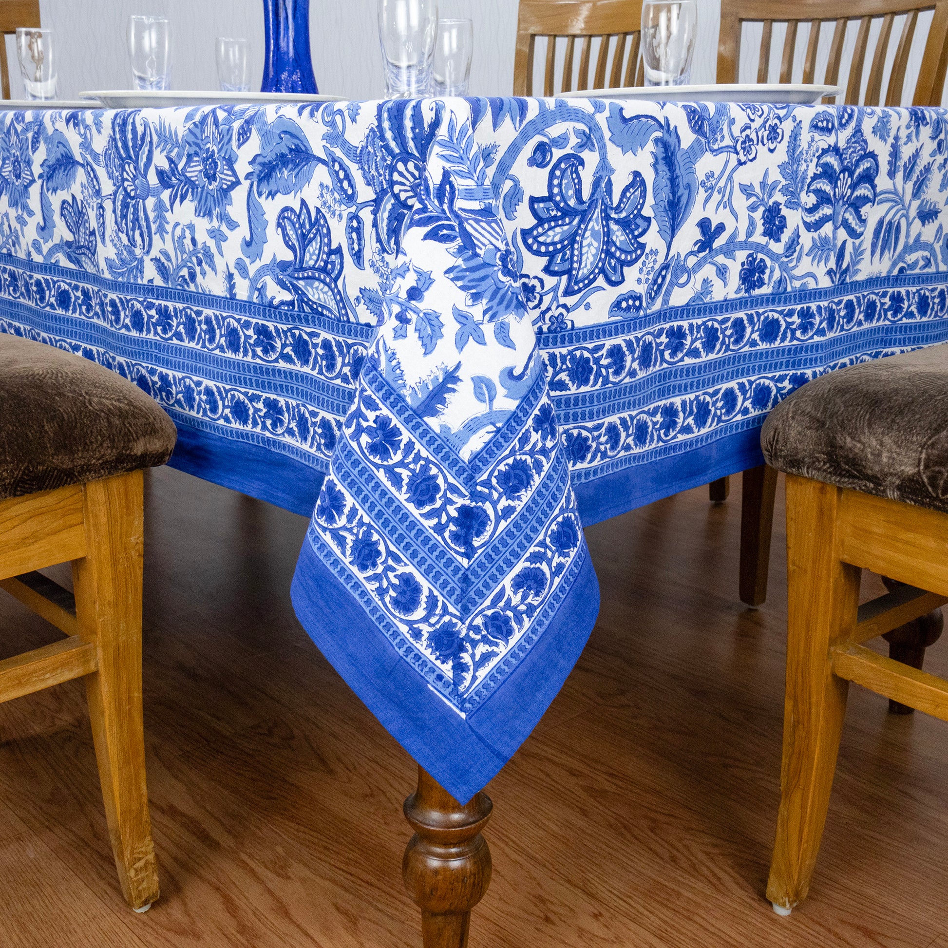 Indian Handmade Block Printed Cotton Blue and White Rectangle Tablecloth - My Store