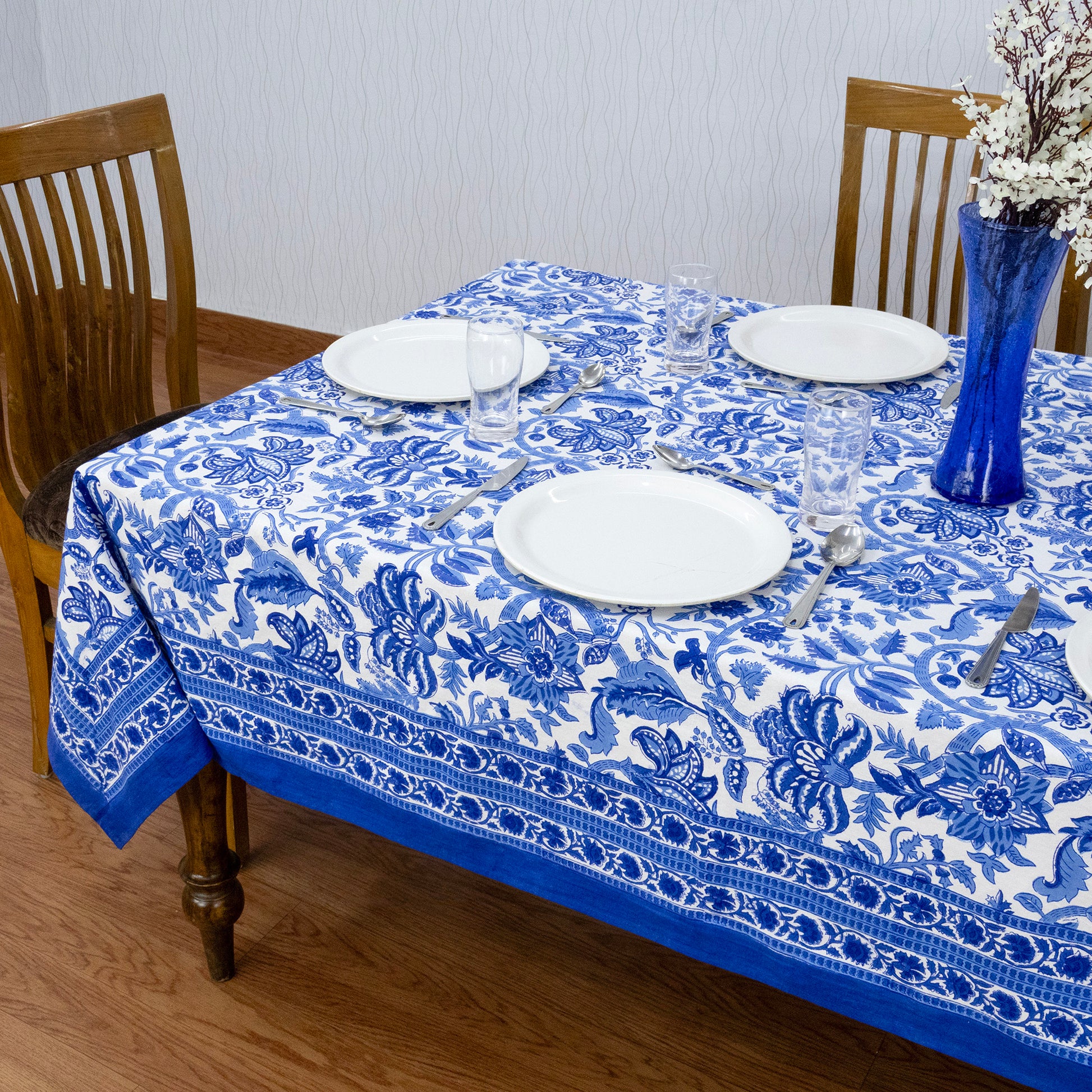 Indian Handmade Block Printed Cotton Blue and White Rectangle Tablecloth - My Store