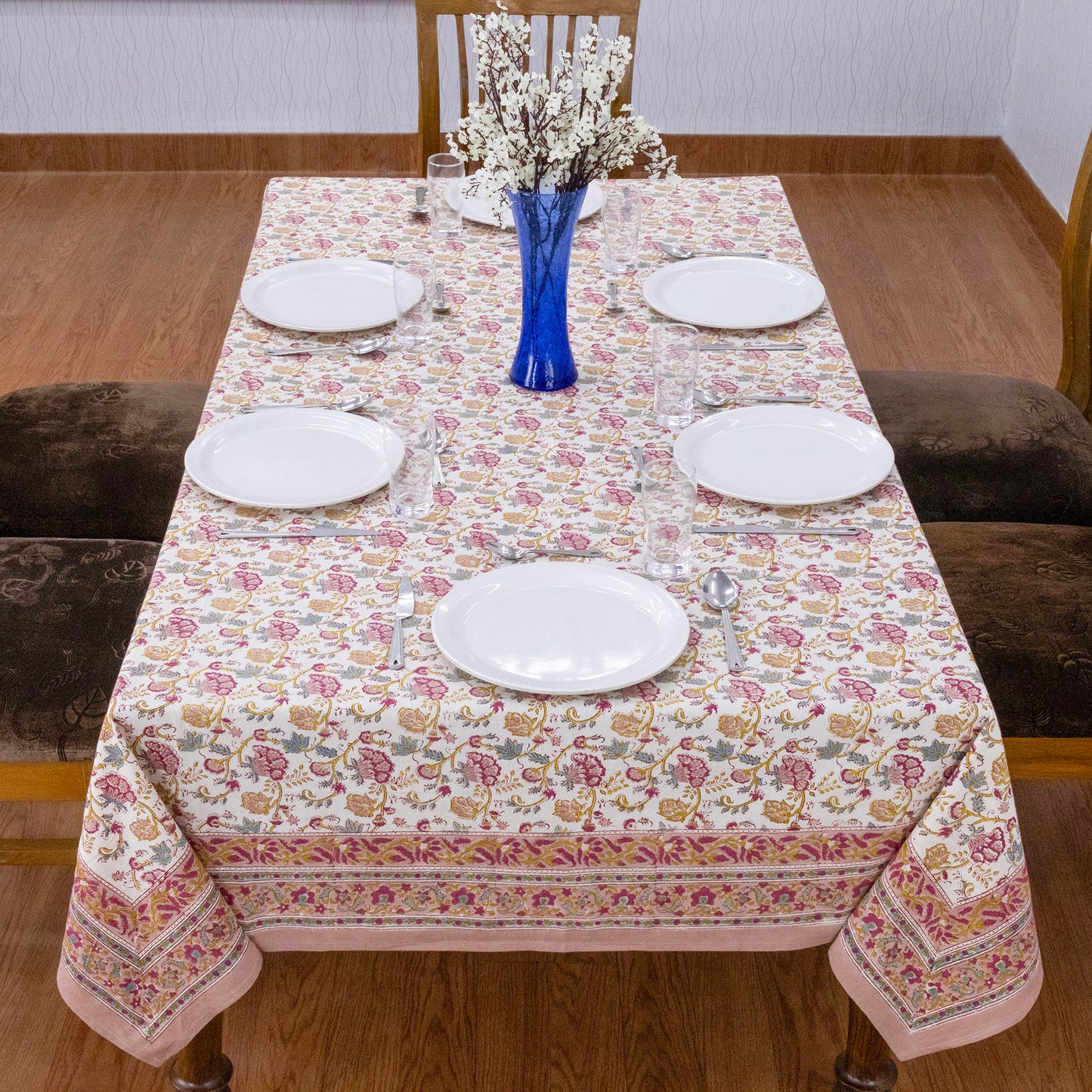 Indian Handmade Block Printed Cotton Pink and Yellow Rectangle Tablecloth - My Store