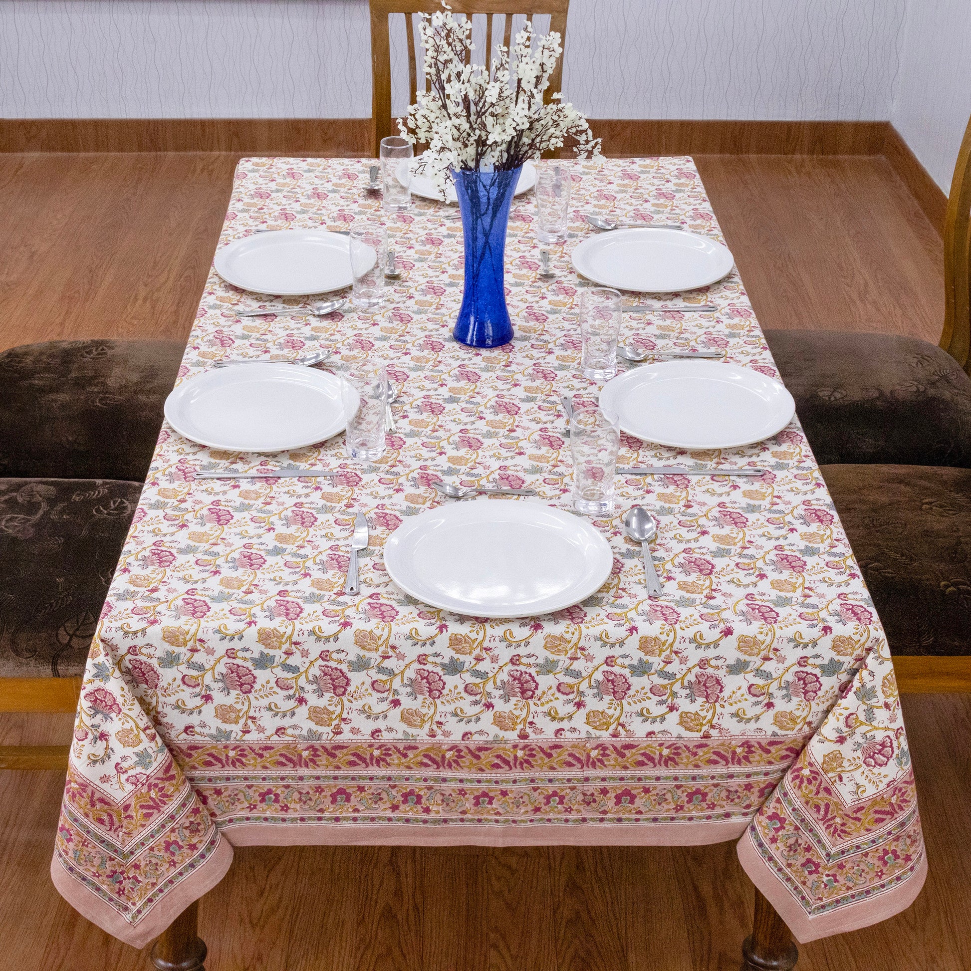 Indian Handmade Block Printed Cotton Pink and Yellow Rectangle Tablecloth - My Store