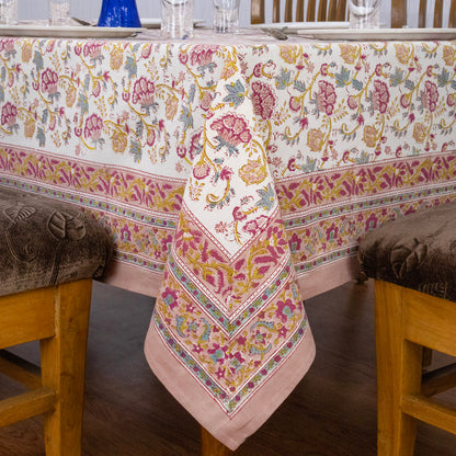 Indian Handmade Block Printed Cotton Pink and Yellow Rectangle Tablecloth - My Store