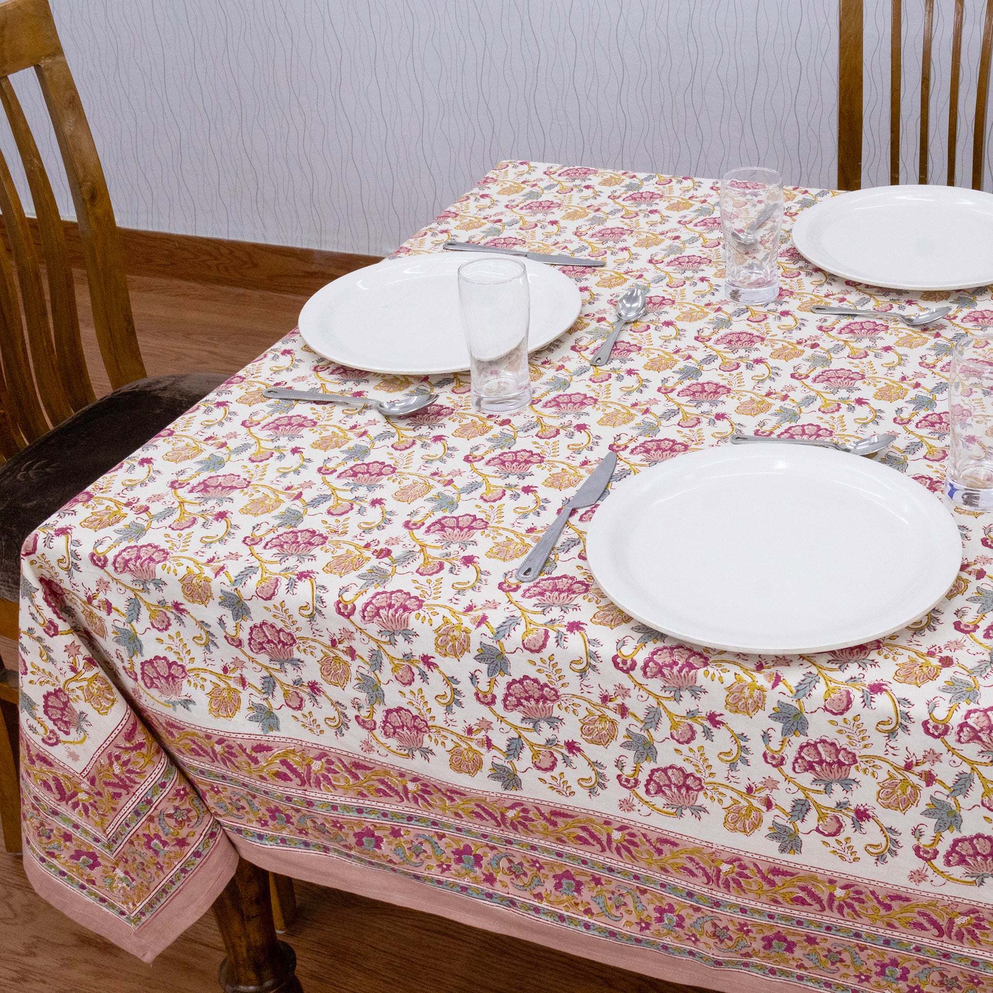 Indian Handmade Block Printed Cotton Pink and Yellow Rectangle Tablecloth - My Store