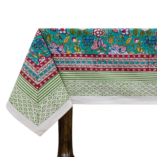 Indian Handmade Block Printed Cotton Green and Pink Rectangle Tablecloth - My Store
