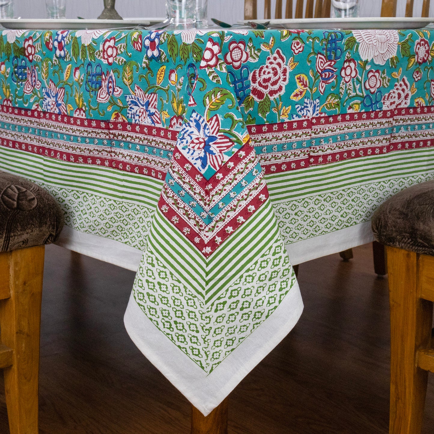 Indian Handmade Block Printed Cotton Green and Pink Rectangle Tablecloth - My Store