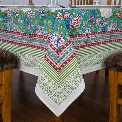 Indian Handmade Block Printed Cotton Green and Pink Rectangle Tablecloth - My Store