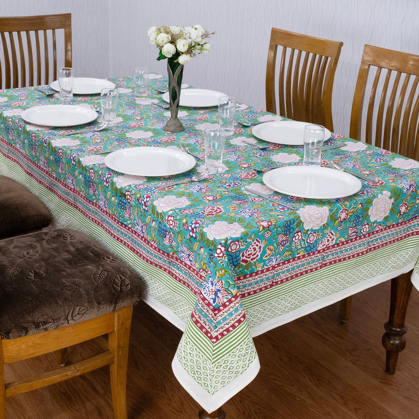 Indian Handmade Block Printed Cotton Green and Pink Rectangle Tablecloth - My Store
