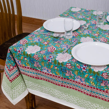 Indian Handmade Block Printed Cotton Green and Pink Rectangle Tablecloth - My Store