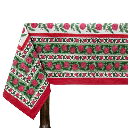 Indian Handmade Block Printed Cotton Green and Pink Rectangle Tablecloth - My Store