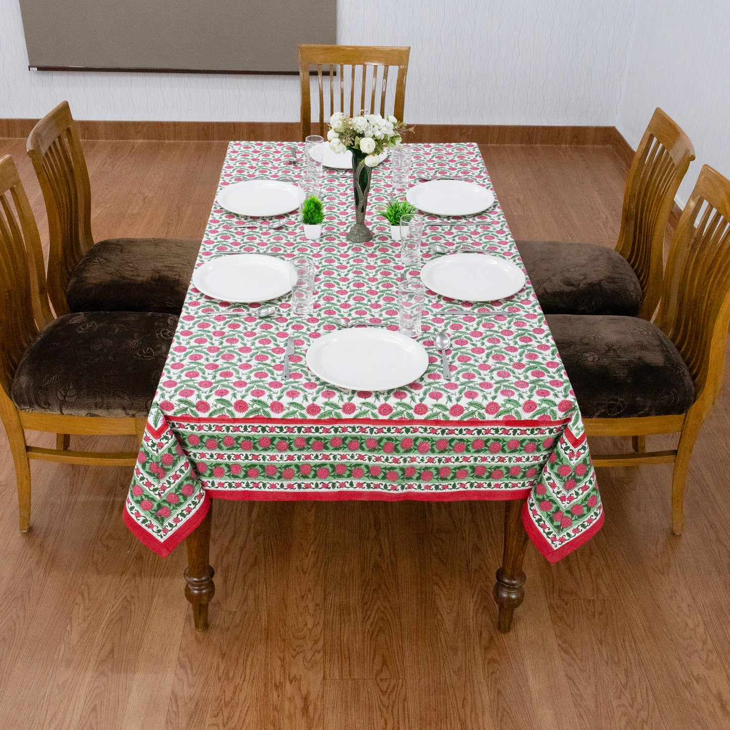 Indian Handmade Block Printed Cotton Green and Pink Rectangle Tablecloth - My Store
