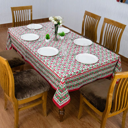 Indian Handmade Block Printed Cotton Green and Pink Rectangle Tablecloth - My Store