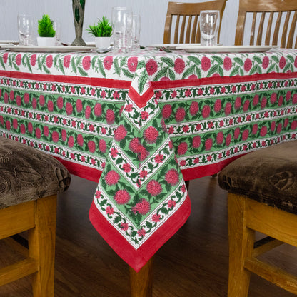 Indian Handmade Block Printed Cotton Green and Pink Rectangle Tablecloth - My Store