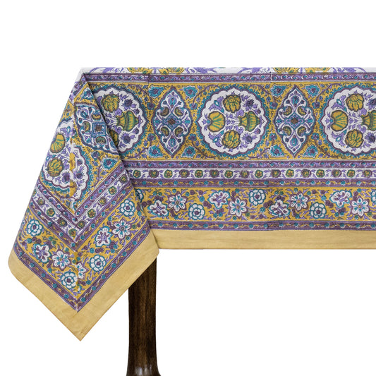 Indian Handmade Block Printed Cotton Purple and Yellow Rectangle Tablecloth - My Store