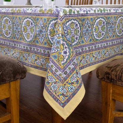 Indian Handmade Block Printed Cotton Purple and Yellow Rectangle Tablecloth - My Store