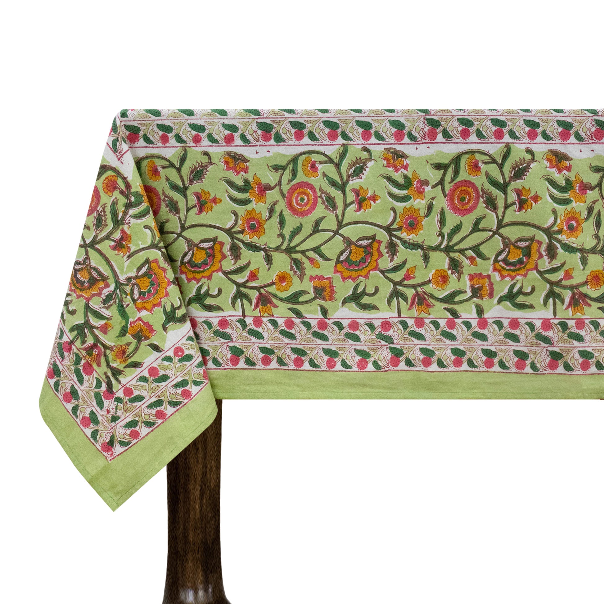 Green and Yellow Block Print Cotton Tablecloth, Handmade Indian Rectangle Table Linen - My Store