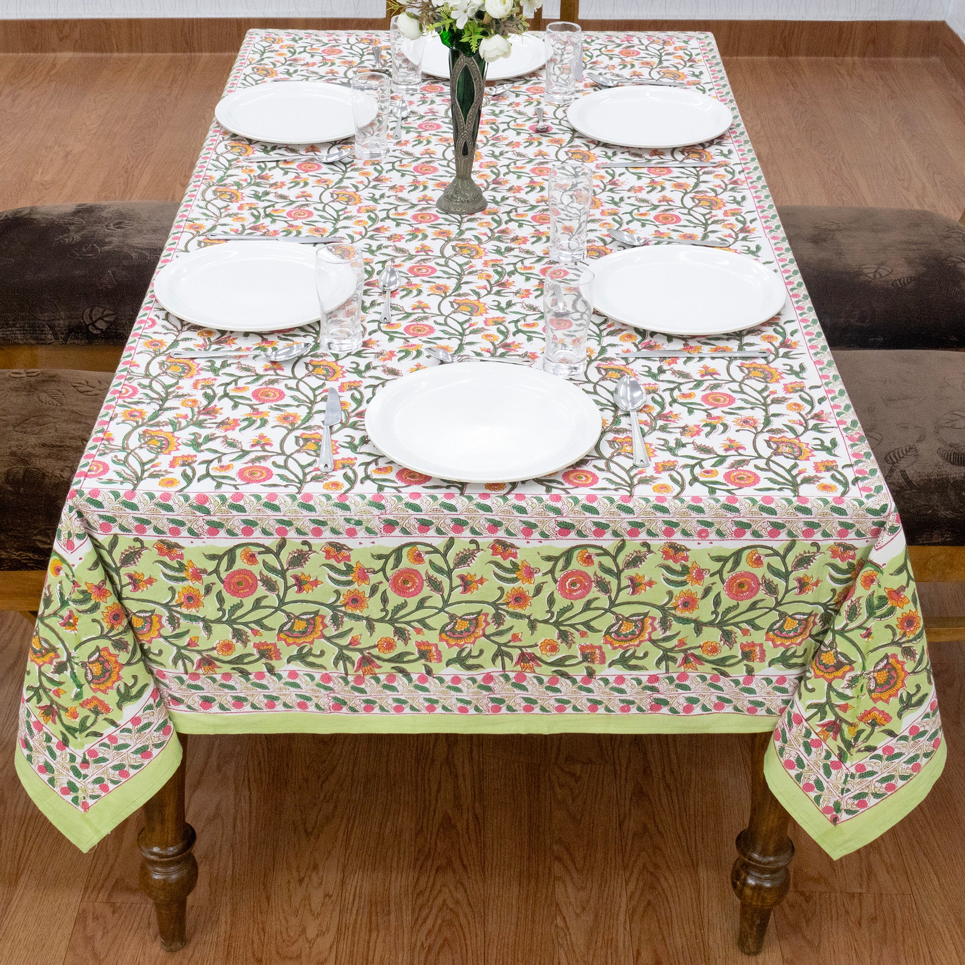 Green and Yellow Block Print Cotton Tablecloth, Handmade Indian Rectangle Table Linen - My Store
