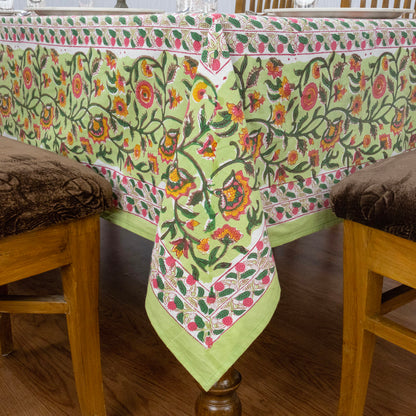 Green and Yellow Block Print Cotton Tablecloth, Handmade Indian Rectangle Table Linen - My Store