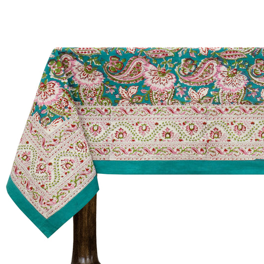 Artisan Block Print Cotton Tablecloth, Green and Pink Indian Rectangle Dining Cover - My Store