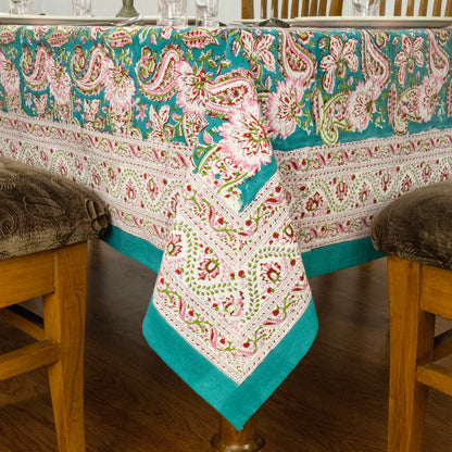 Artisan Block Print Cotton Tablecloth, Green and Pink Indian Rectangle Dining Cover - My Store