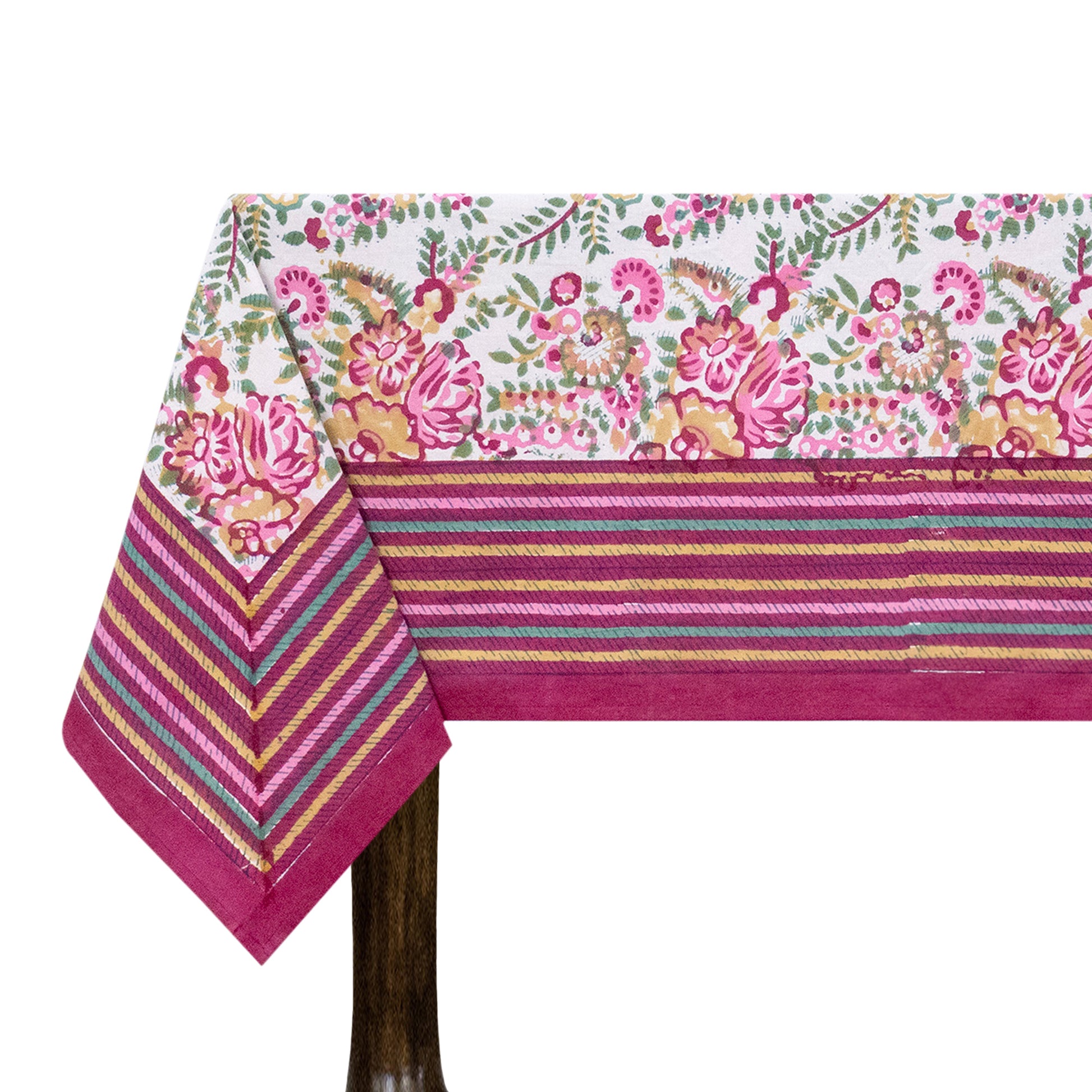 Indian Handmade Block Printed Cotton Pink and Green Rectangle Tablecloth - My Store