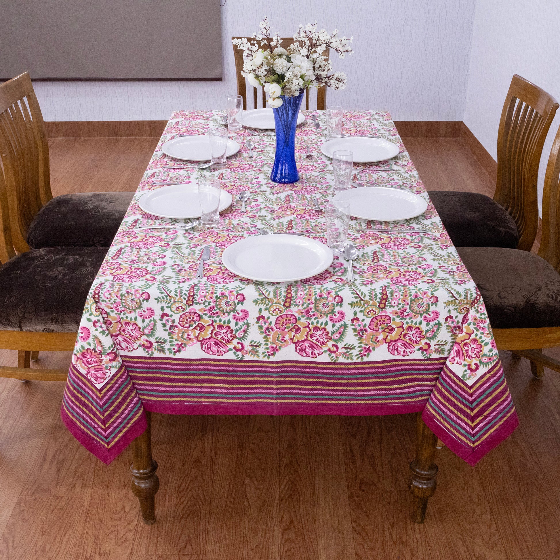 Indian Handmade Block Printed Cotton Pink and Green Rectangle Tablecloth - My Store