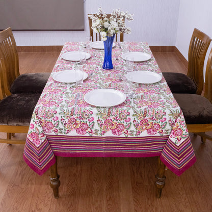 Indian Handmade Block Printed Cotton Pink and Green Rectangle Tablecloth - My Store