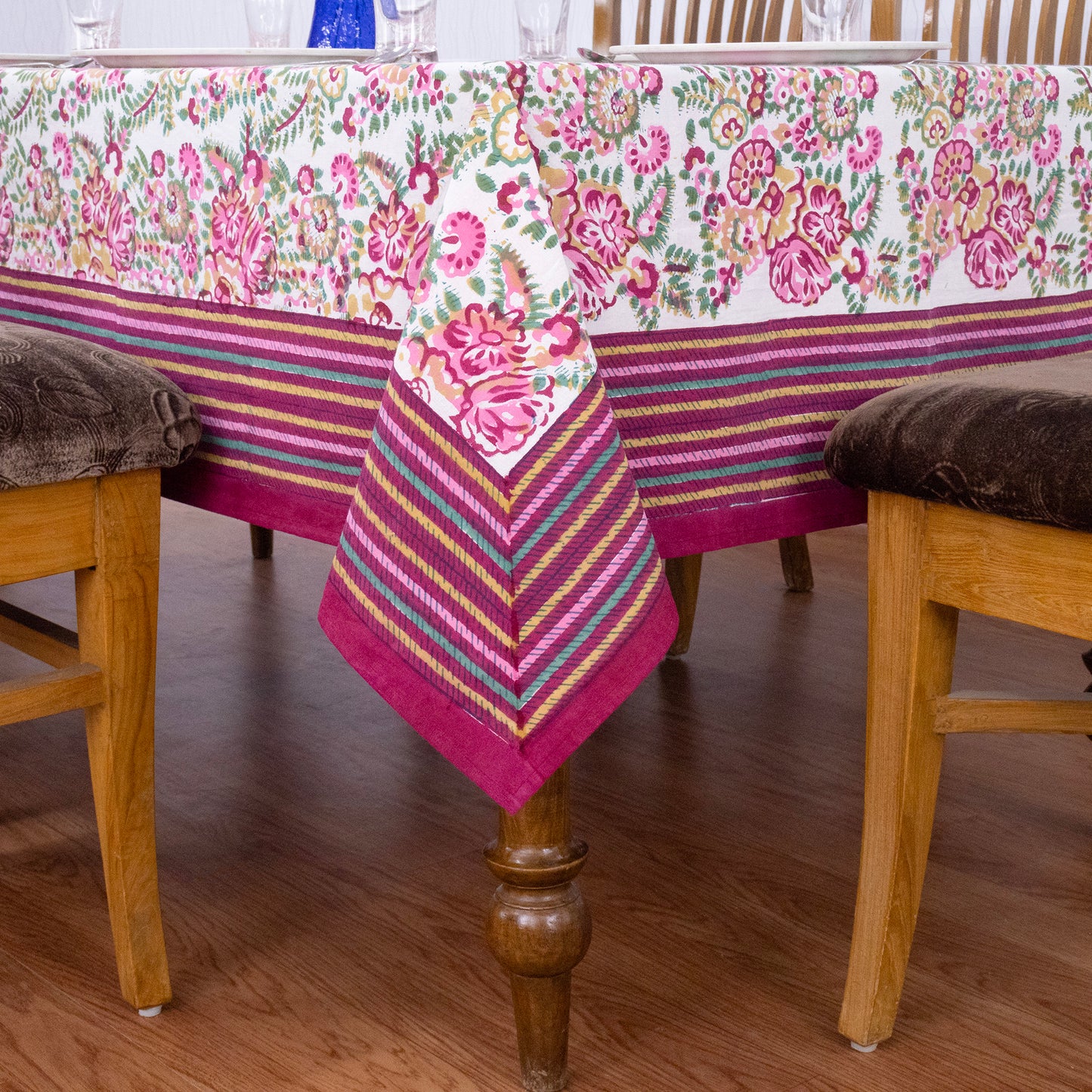 Indian Handmade Block Printed Cotton Pink and Green Rectangle Tablecloth - My Store