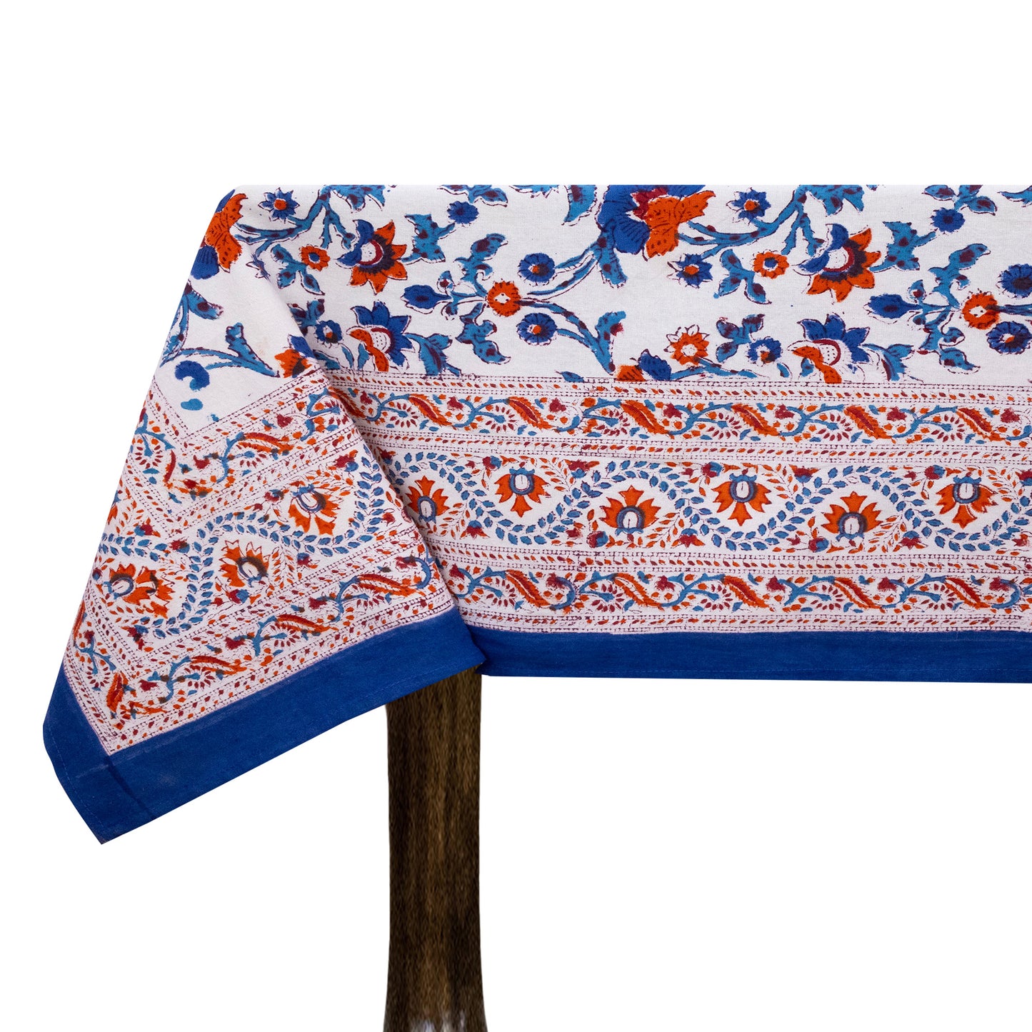 Artisan Block Print Cotton Tablecloth, Blue and Red Indian Rectangle Dining Cover - My Store