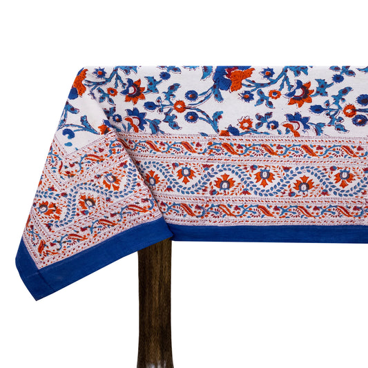 Artisan Block Print Cotton Tablecloth, Blue and Red Indian Rectangle Dining Cover - My Store