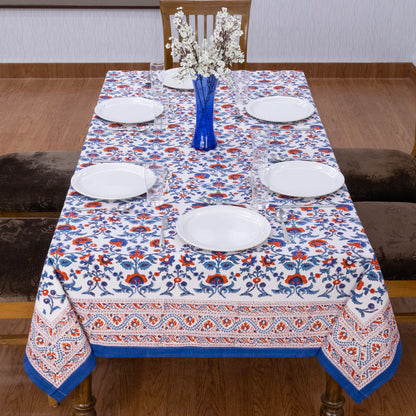 Artisan Block Print Cotton Tablecloth, Blue and Red Indian Rectangle Dining Cover - My Store