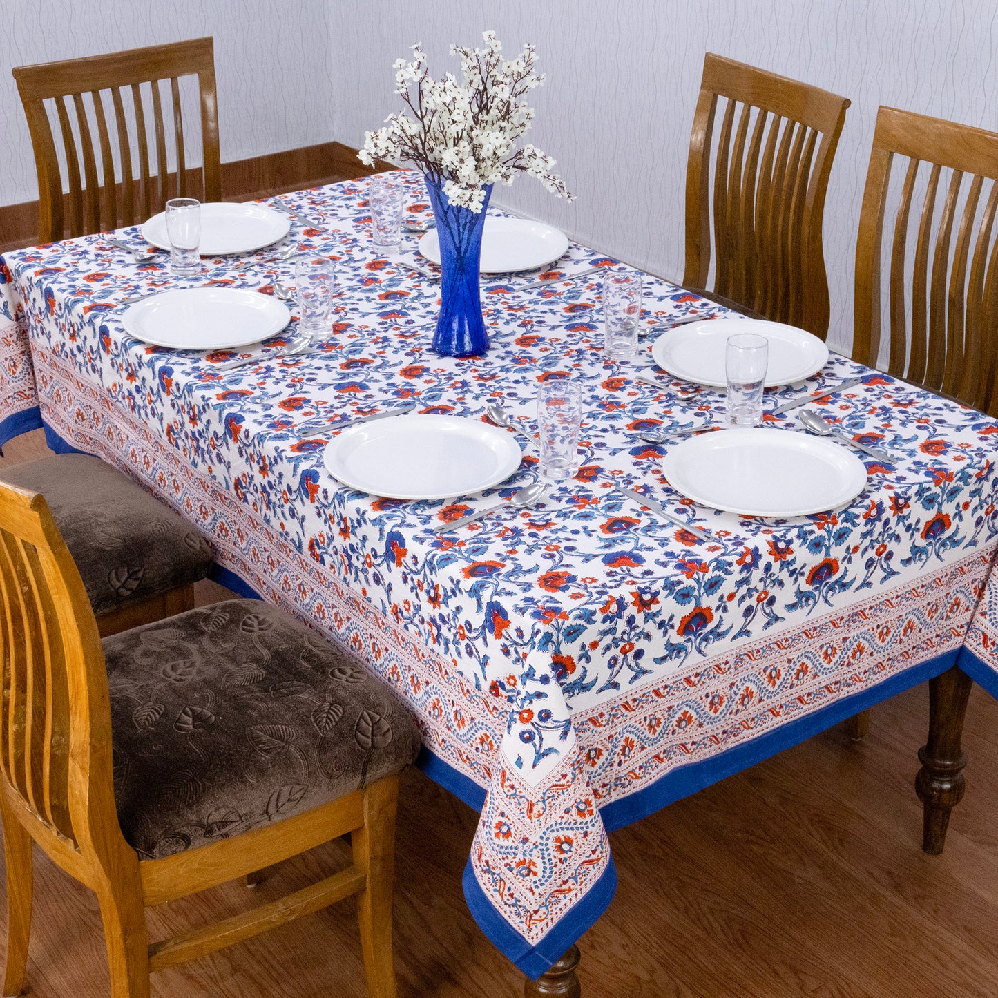Artisan Block Print Cotton Tablecloth, Blue and Red Indian Rectangle Dining Cover - My Store