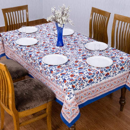 Artisan Block Print Cotton Tablecloth, Blue and Red Indian Rectangle Dining Cover - My Store