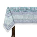 Aqua Green and White Block Print Cotton Tablecloth, Handmade Indian Rectangle Table Linen