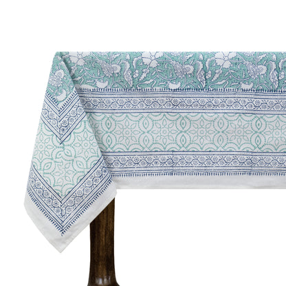 Aqua Green and White Block Print Cotton Tablecloth, Handmade Indian Rectangle Table Linen - My Store