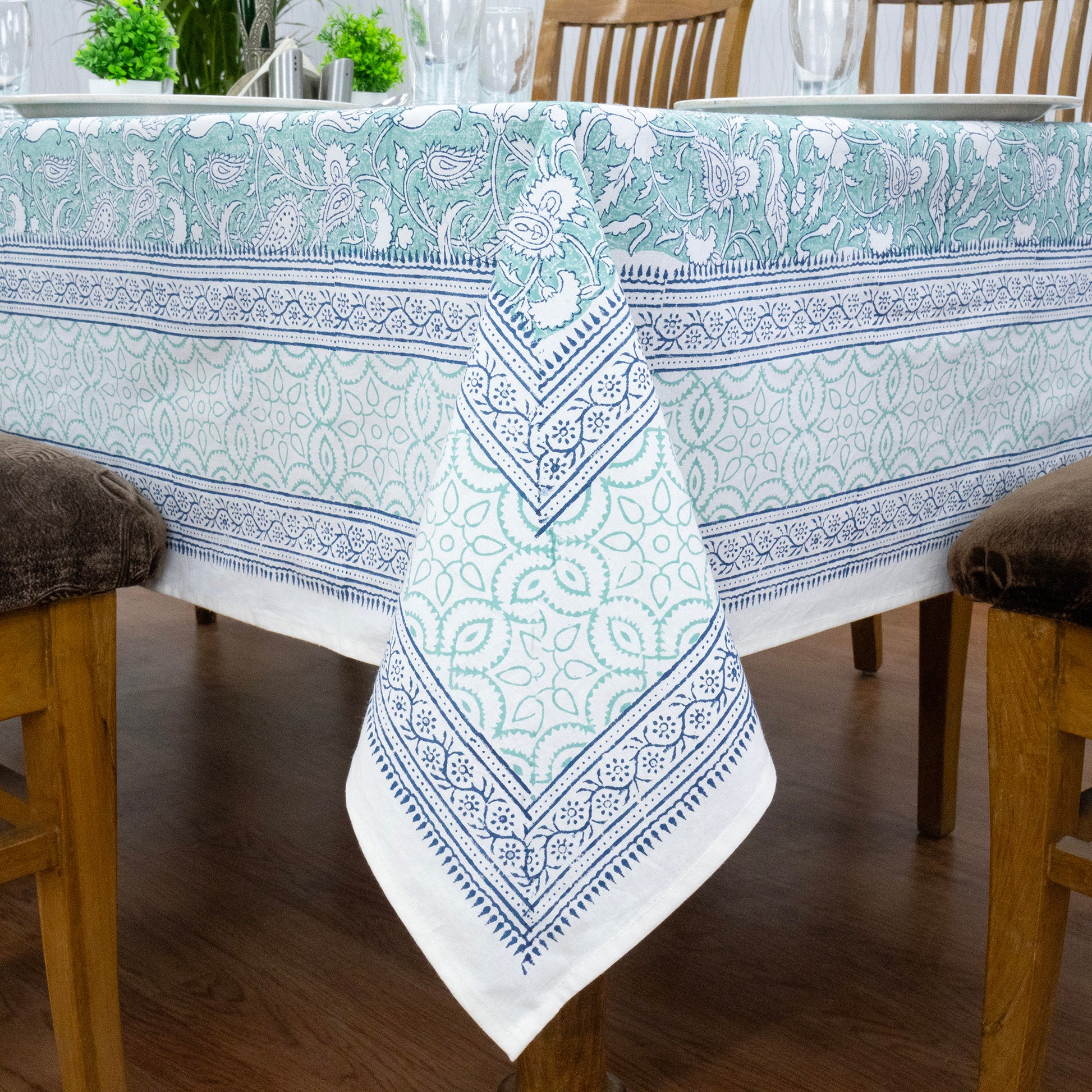 Aqua Green and White Block Print Cotton Tablecloth, Handmade Indian Rectangle Table Linen - My Store