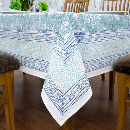 Aqua Green and White Block Print Cotton Tablecloth, Handmade Indian Rectangle Table Linen - My Store