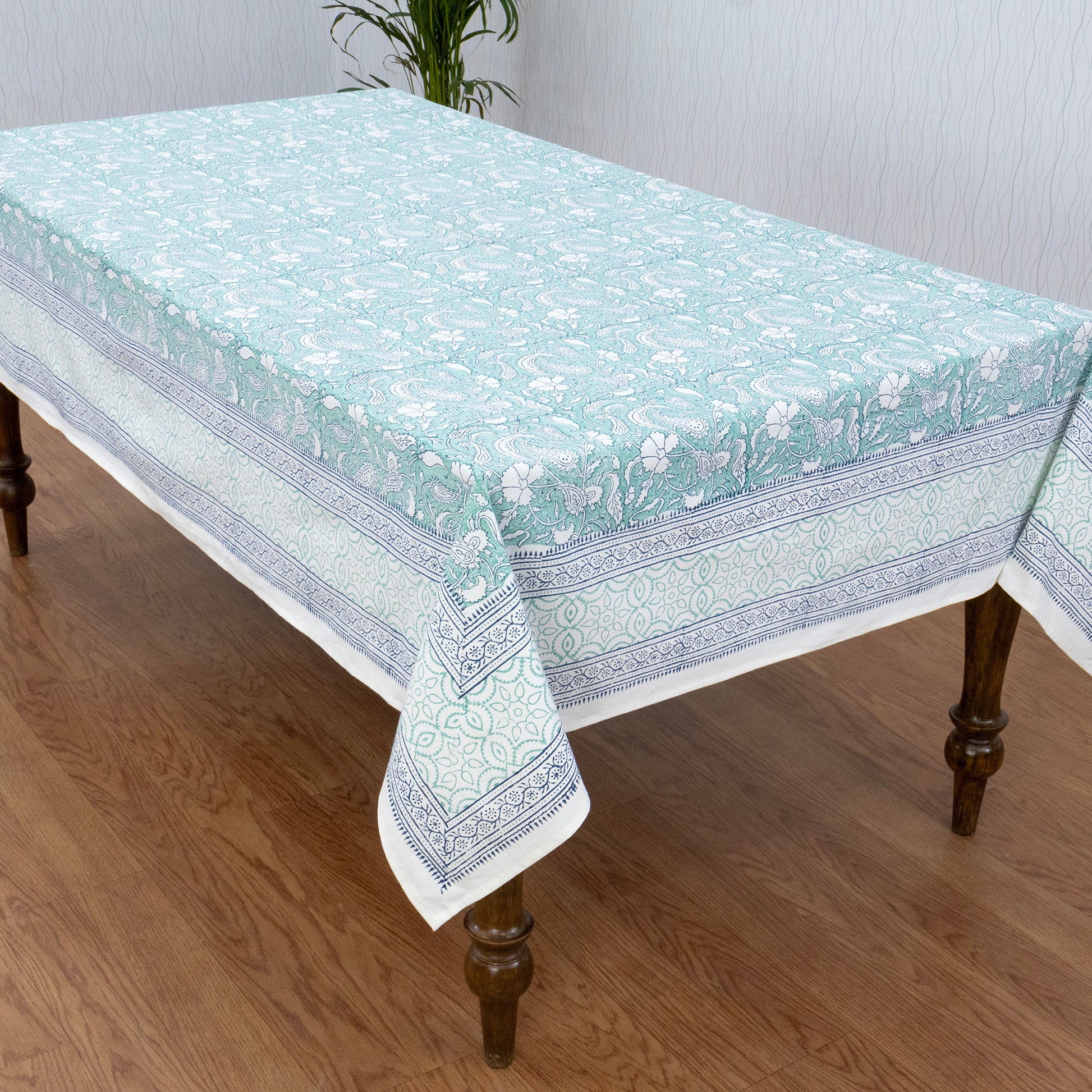 Aqua Green and White Block Print Cotton Tablecloth, Handmade Indian Rectangle Table Linen - My Store